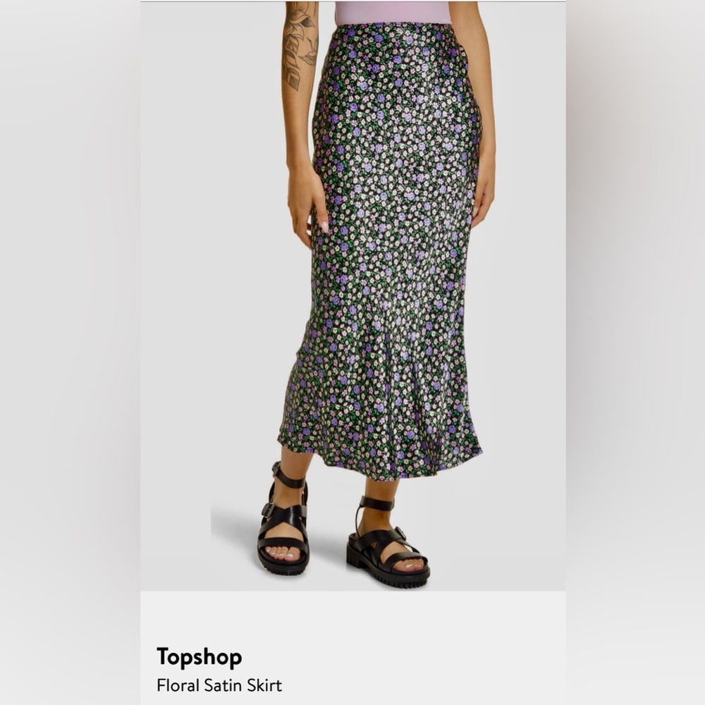 Topshop Black Floral Satin Midi Skirt with Purple & Green Blossoms Size 12